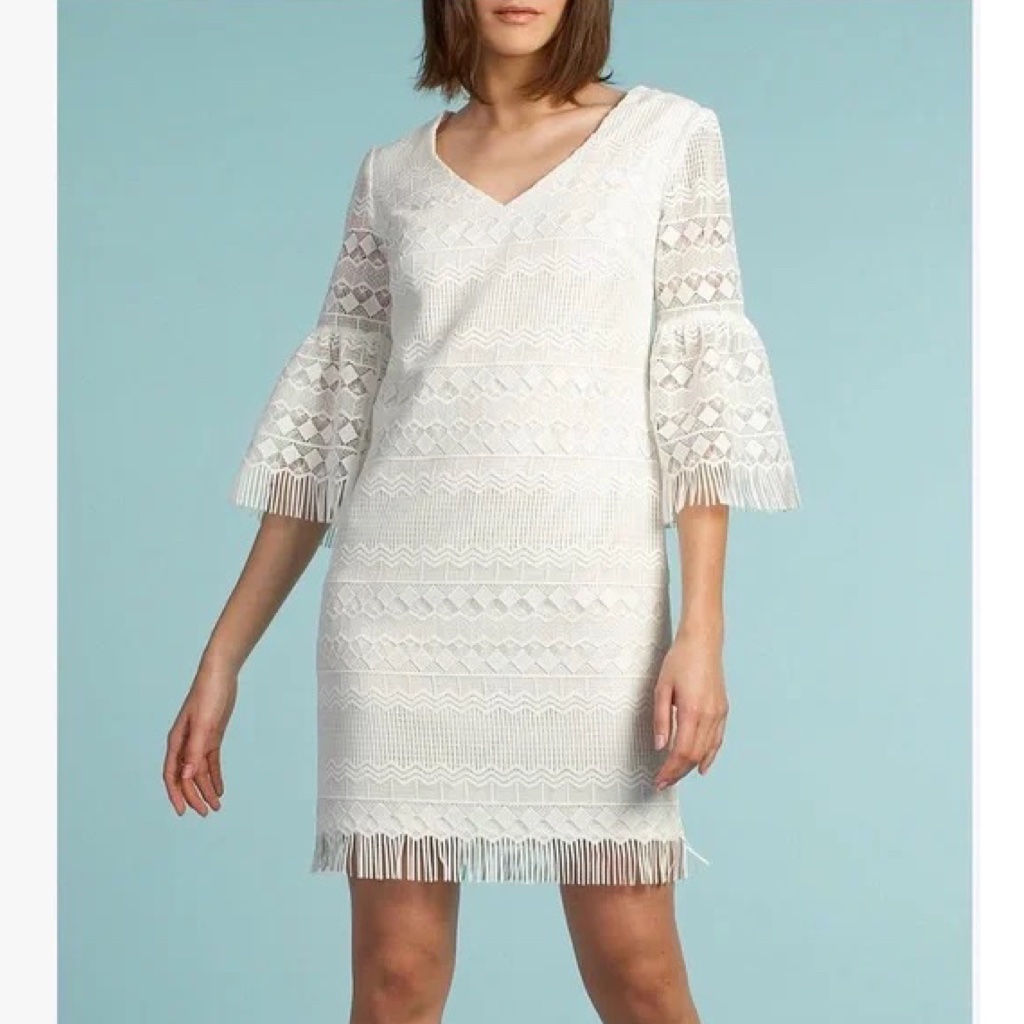 Nwt Trina Turk Voyage Lace Bell Sleeve Shift Dress In White Sz Us 2 (Xs)